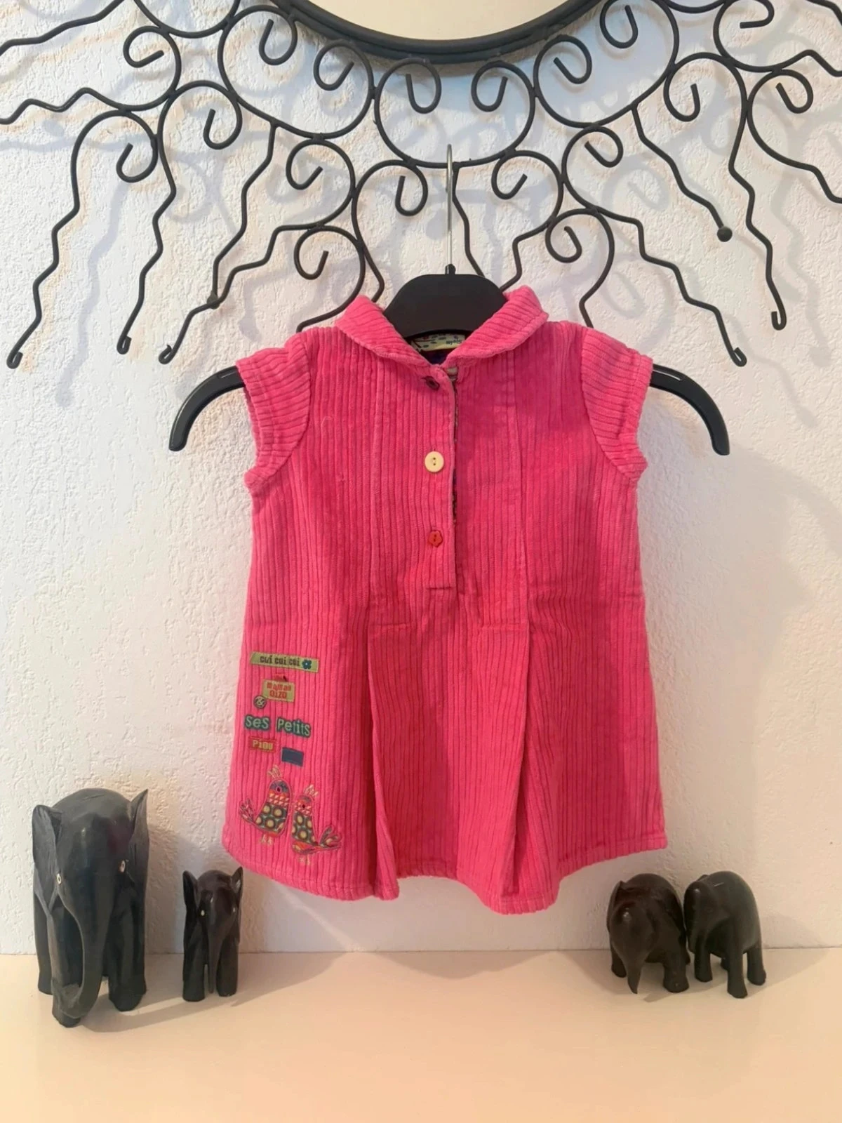 Vestido trapecio de terciopelo costilla fucsia y bordados de pájaros - DPAM - 6 meses – photo 2